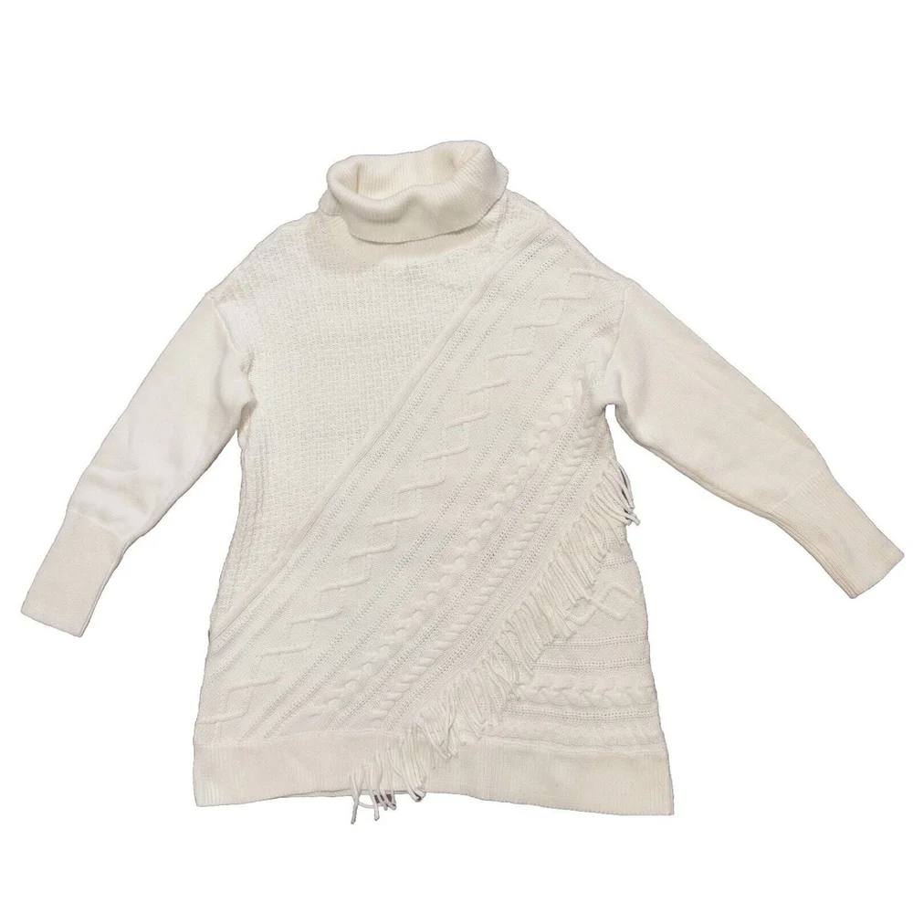 Chico’s Cream Boho Fringe Turtleneck Cable-Knit Tunic Sweater Women Size:2/L